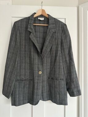 Alice Stuart Gray Plaid Single-Button Blazer with Gold-Tone Button